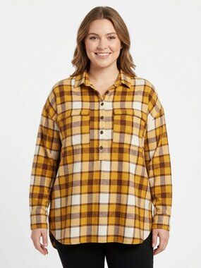Old Navy Women's Yellow Tan and Tartan 100% COTTON Boyfriend Flannel Top Size L